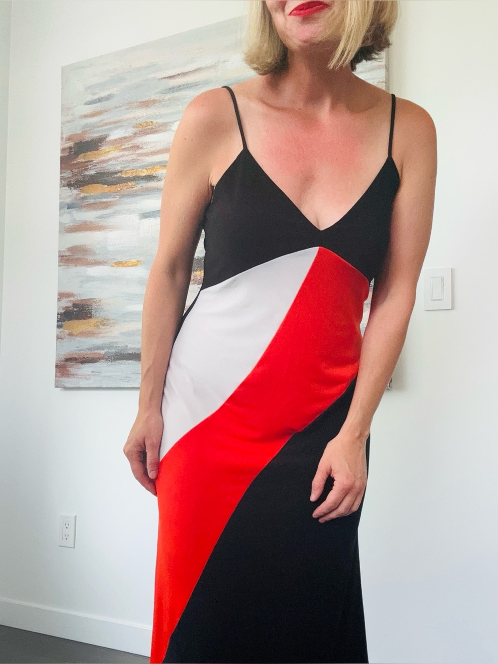 ZARA Colorblock Midi Slip Dress Black Red White Size Medium